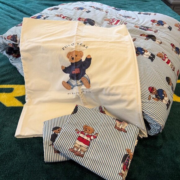 Ralph Lauren Polo Vtg Teddy Bear Blue Stripe Twin Comforter & 3 Pillow Cases - Picture 1 of 13